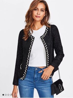 SHEIN Black Pearl-Trim Tweed Blazer Jacket